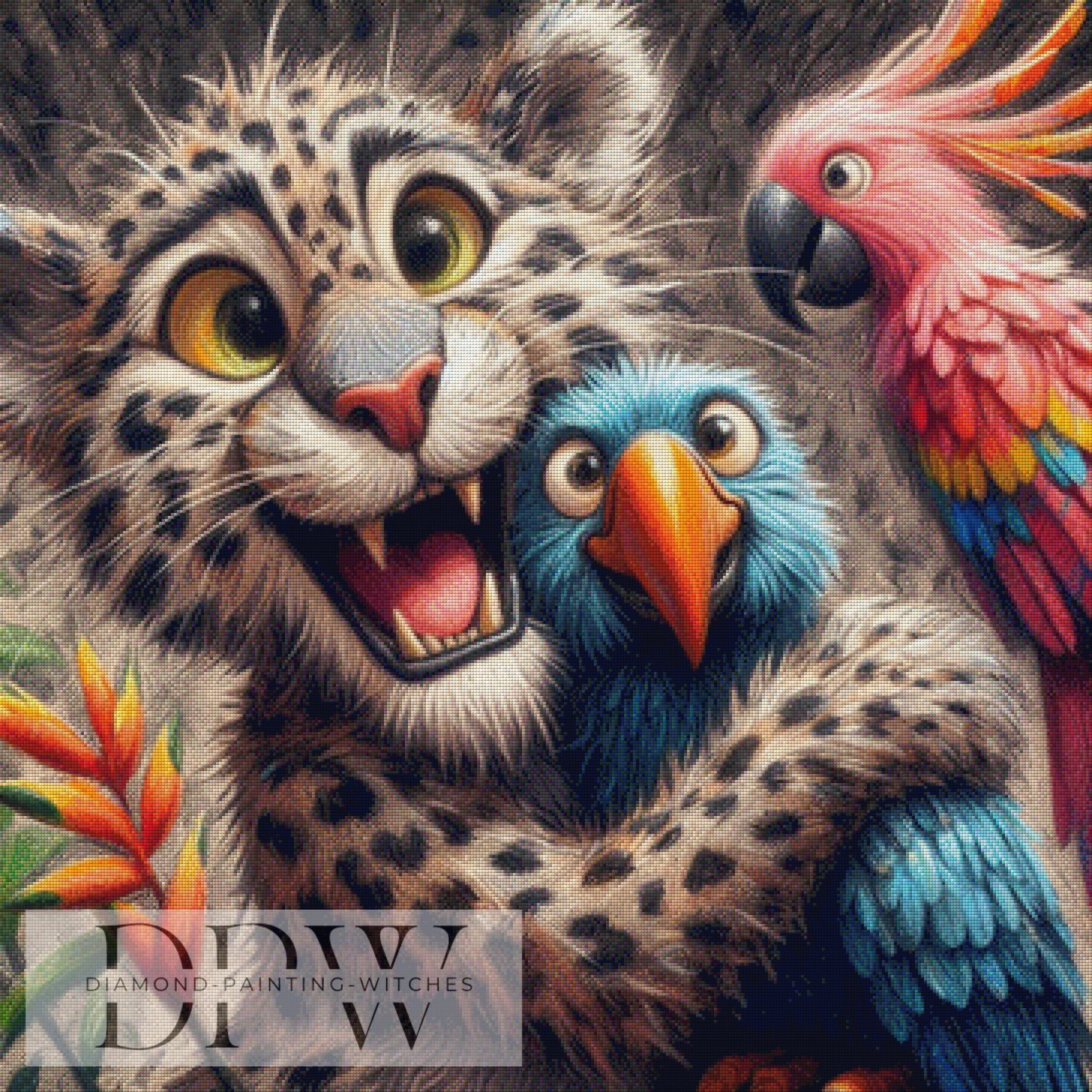 Jaguar kuschelt by CreatiVart, 90x90cm mit 320 Farben DPW-1052
