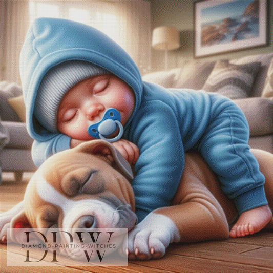Baby mit Pitbull by CreatiVart, 90x90cm mit 230 Farben DPW-1110