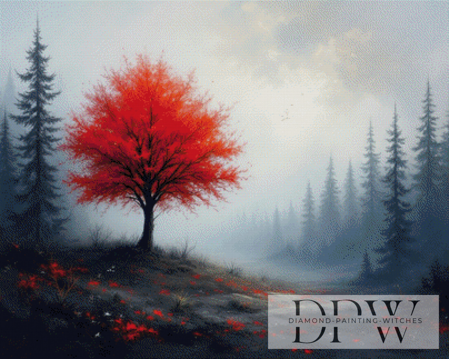 Roter Baum im Nebel by QN 100x80cm mit 155 Farben DPW-1403