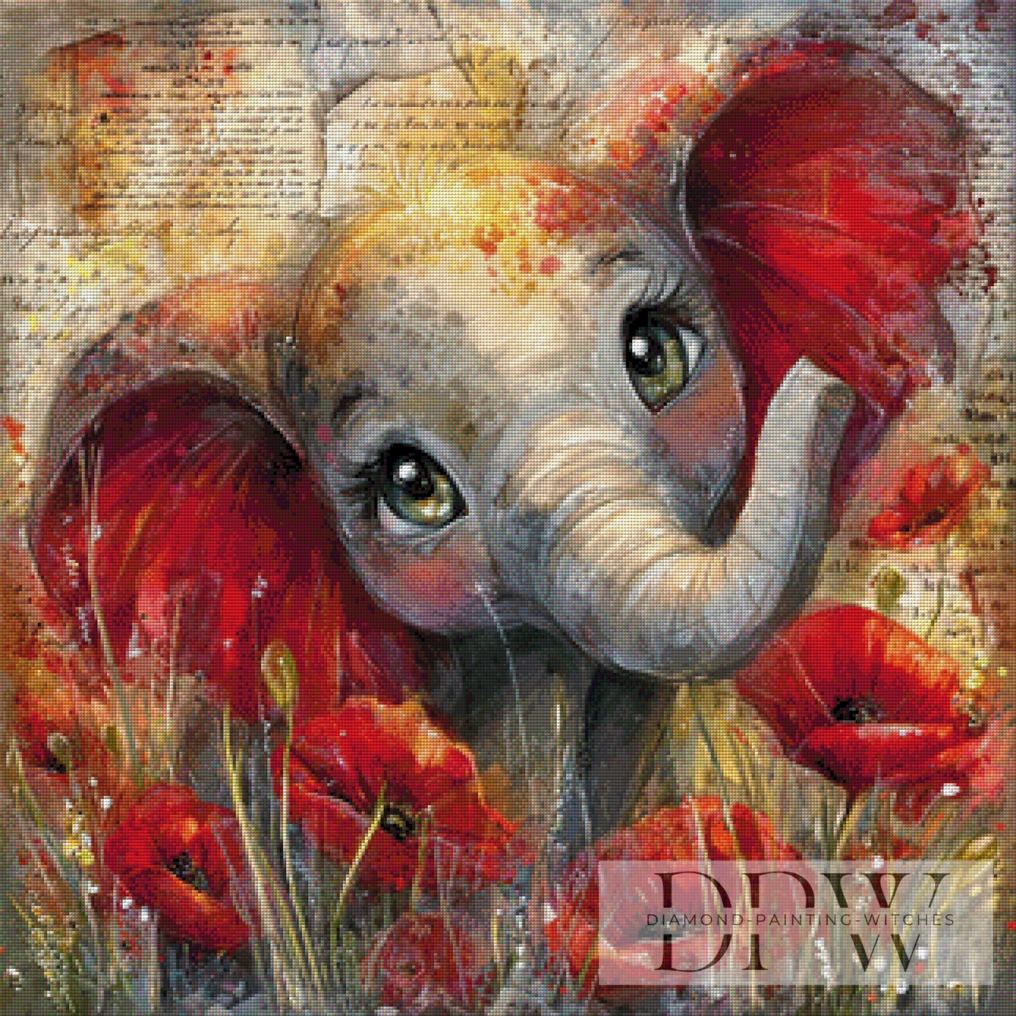 Mohnblumen Elefant by CreatiVart 80x80cm mit 230 Farben DPW-4027
