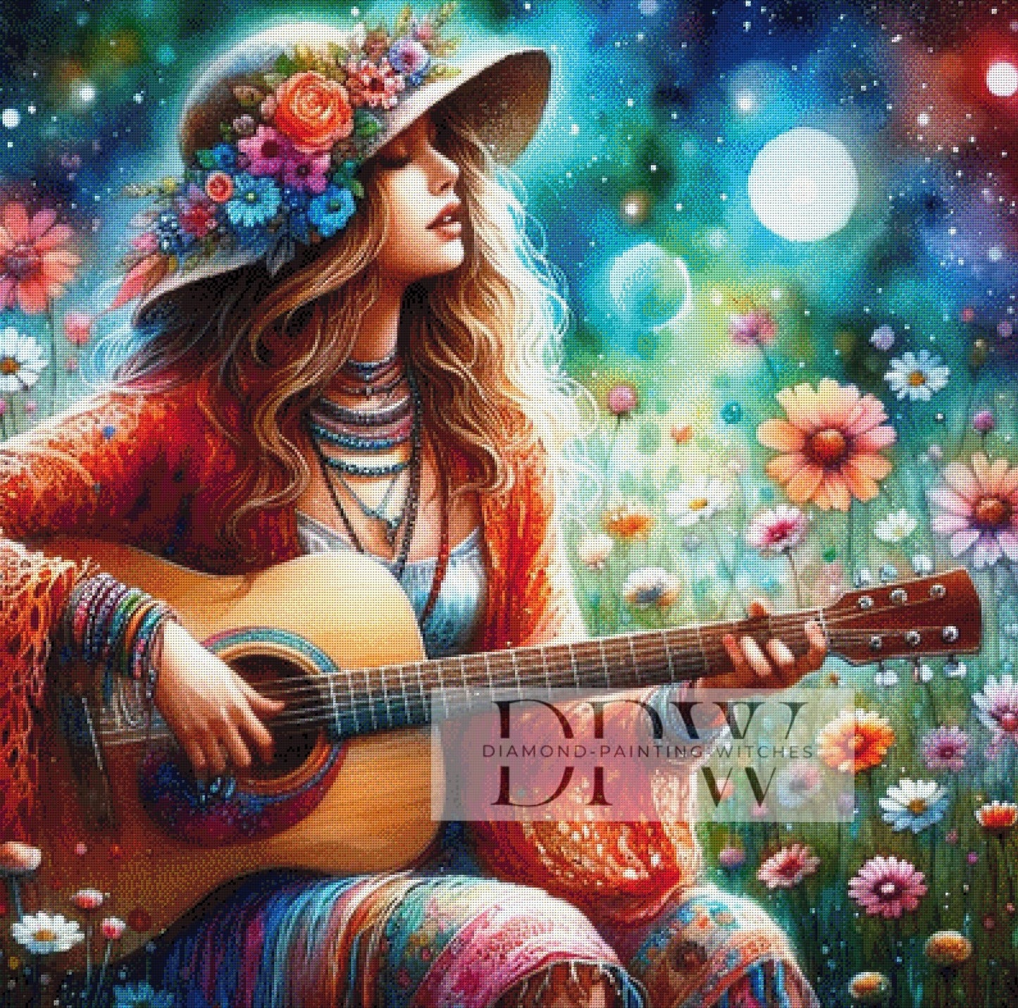 Gitarrenspiel im Blumenfeld by Karo, 100x100cm mit 385 Farben DPW-624