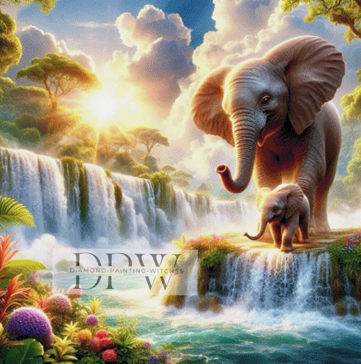 Elefanten am Wasserfall by Sunshine, 100x100cm mit 325 Farben DPW-350