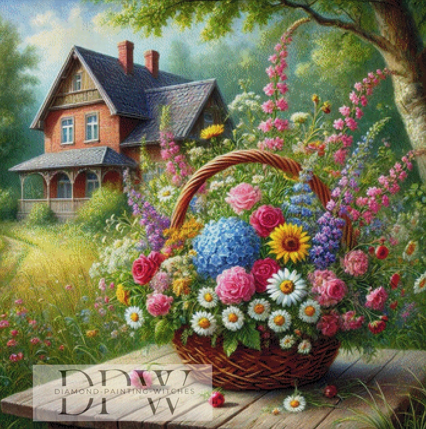 Landhaus mit Blumenkorb by CreatiVart 90x90cm mit 360 Farben DPW-311