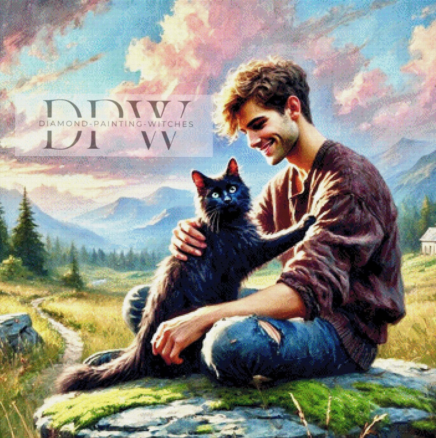 Typ mit Katze by Luna, 90x90cm mit 310 Farben DPW-407