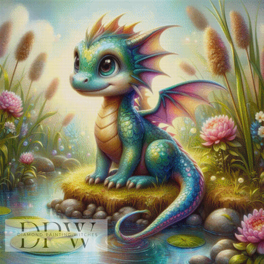 Kleiner Drache am Teich by CreatiVart, 90x90cm mit 330 Farben DPW-1481