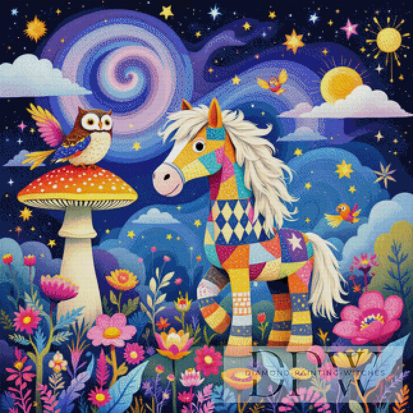 Eule & Pferd by QN 80x80cm mit 360 Farben DPW-1935