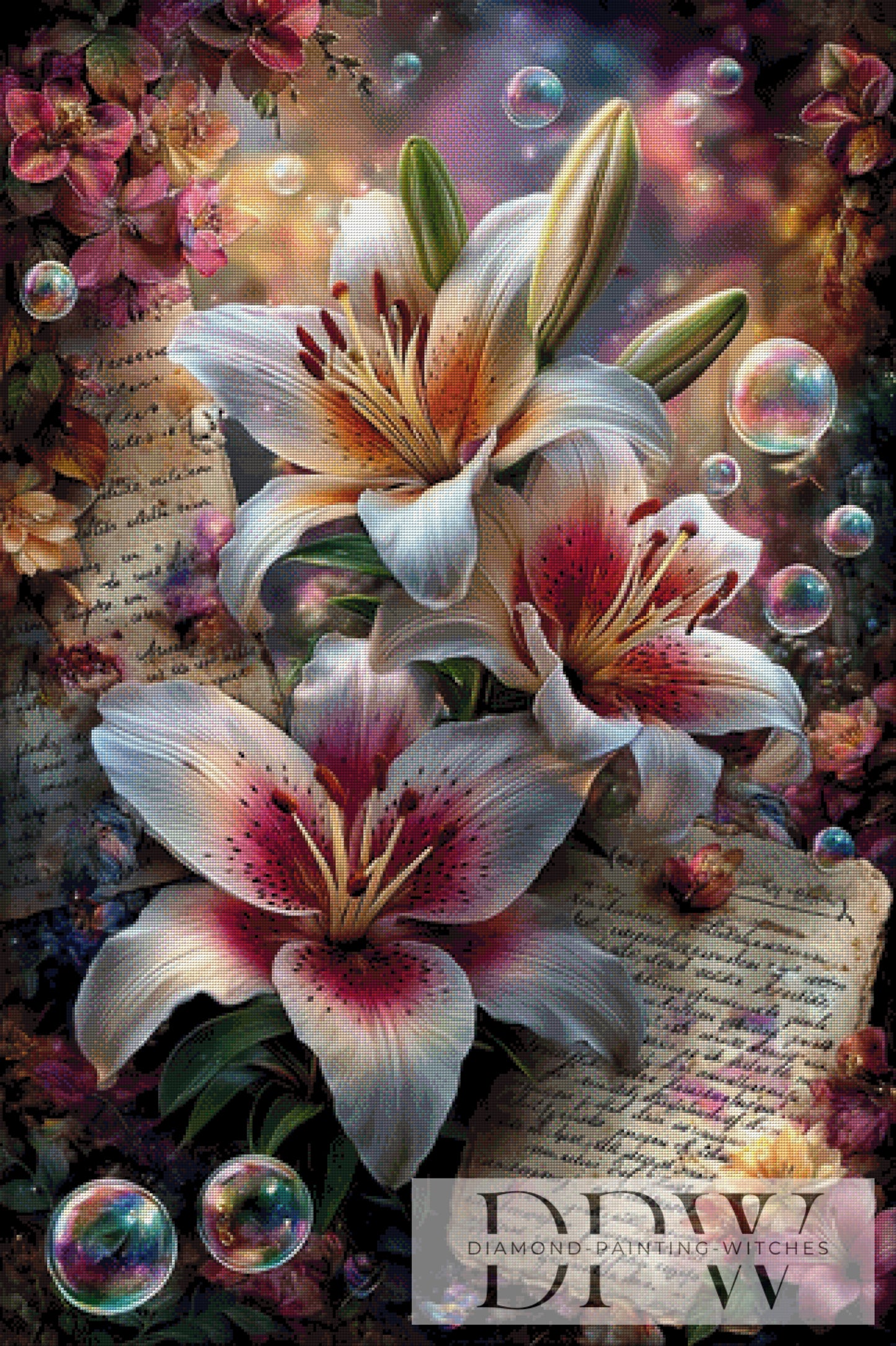 Vintage Bubbles Lilies by ellufija 80x120cm mit 320 Farben DPW-3764