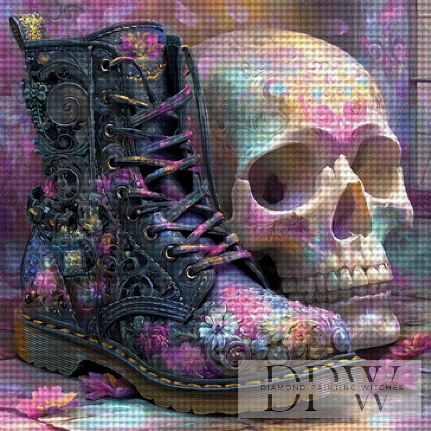 Skull with Flowerboot by Casalla Vendetta 90x90cm mit 280 Farben DPW-4059