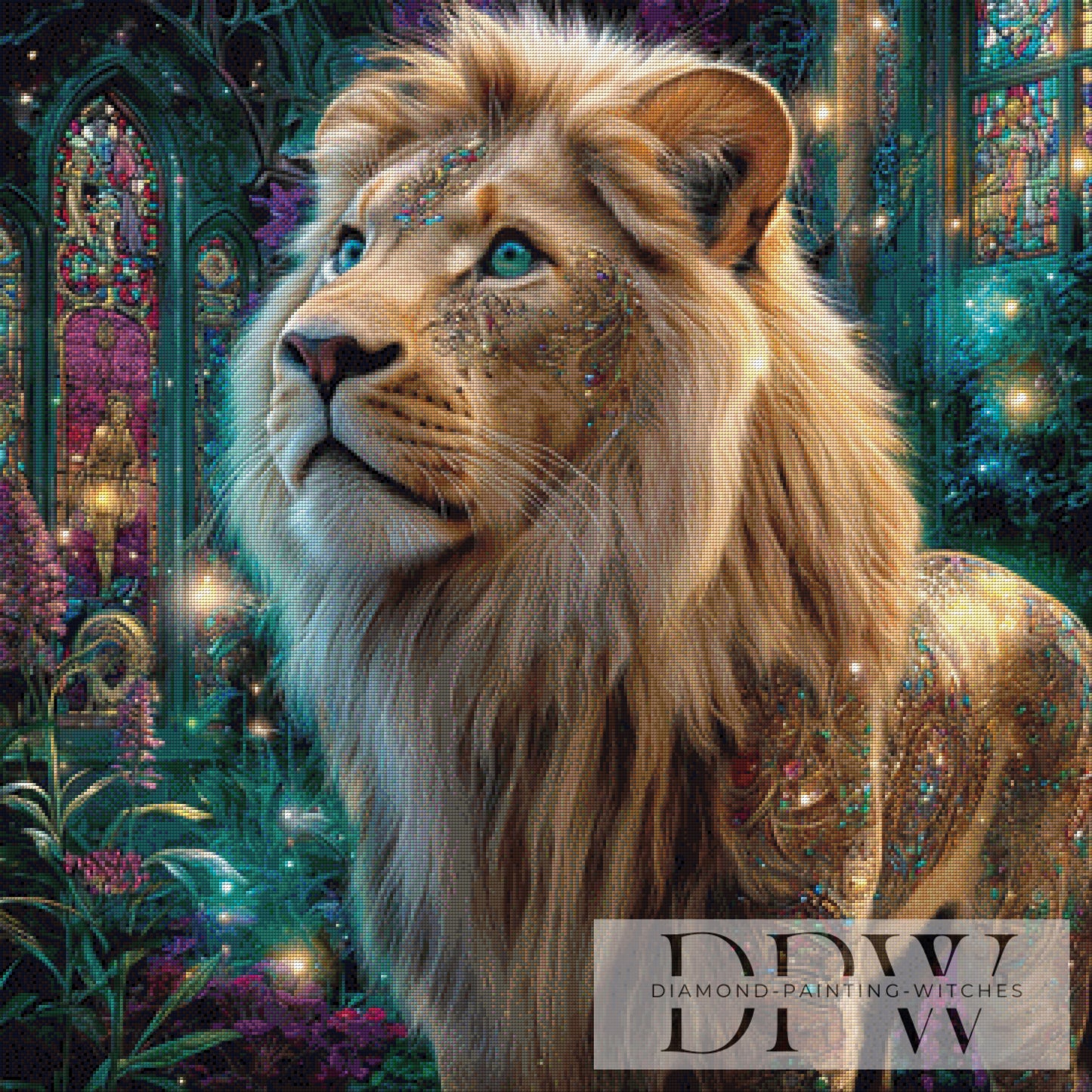 Löwe im Licht der tausend Heiligen by Lisa Morgan 90x90cm mit 280 Farben DPW-5170