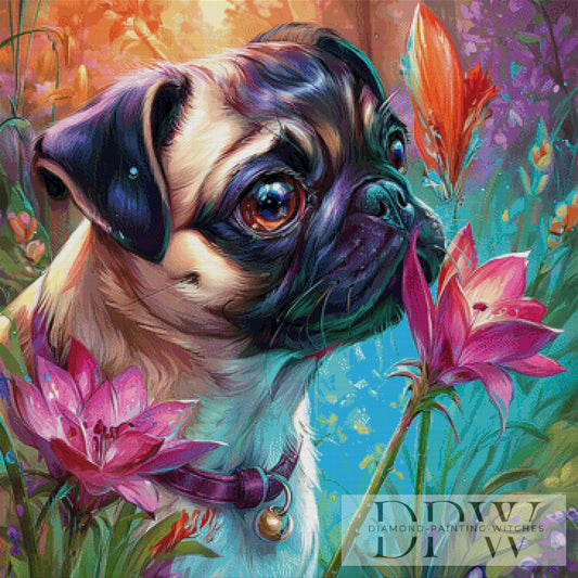Blumiger Mops by Sweet_Loco_AI 90x90cm mit 370 Farben DPW-556