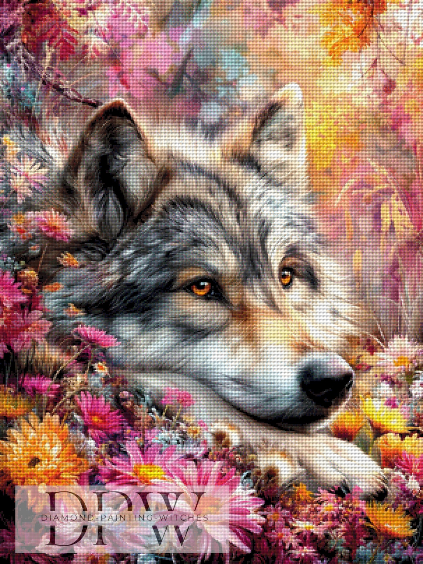 Wolf chillt im Blumenmeer by CleoDora 75x100cm mit 320 Farben DPW-6073