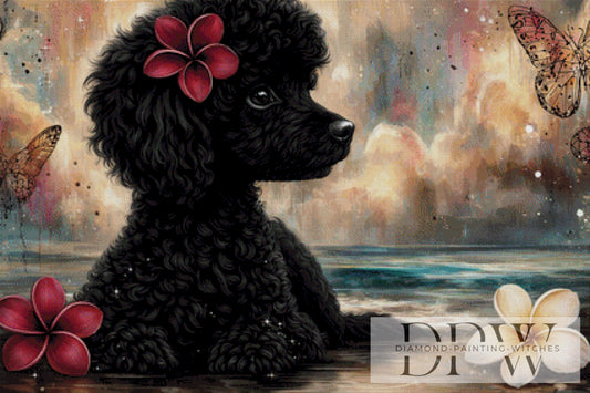 Schwarzer Pudel am Strand by theA.art 105x70cm mit 200 Farben DPW-6257