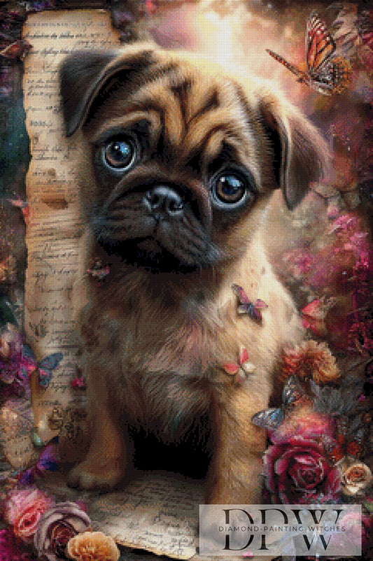 Vintage brauner Mops by ellufija 60x90cm mit 220 Farben DPW-635