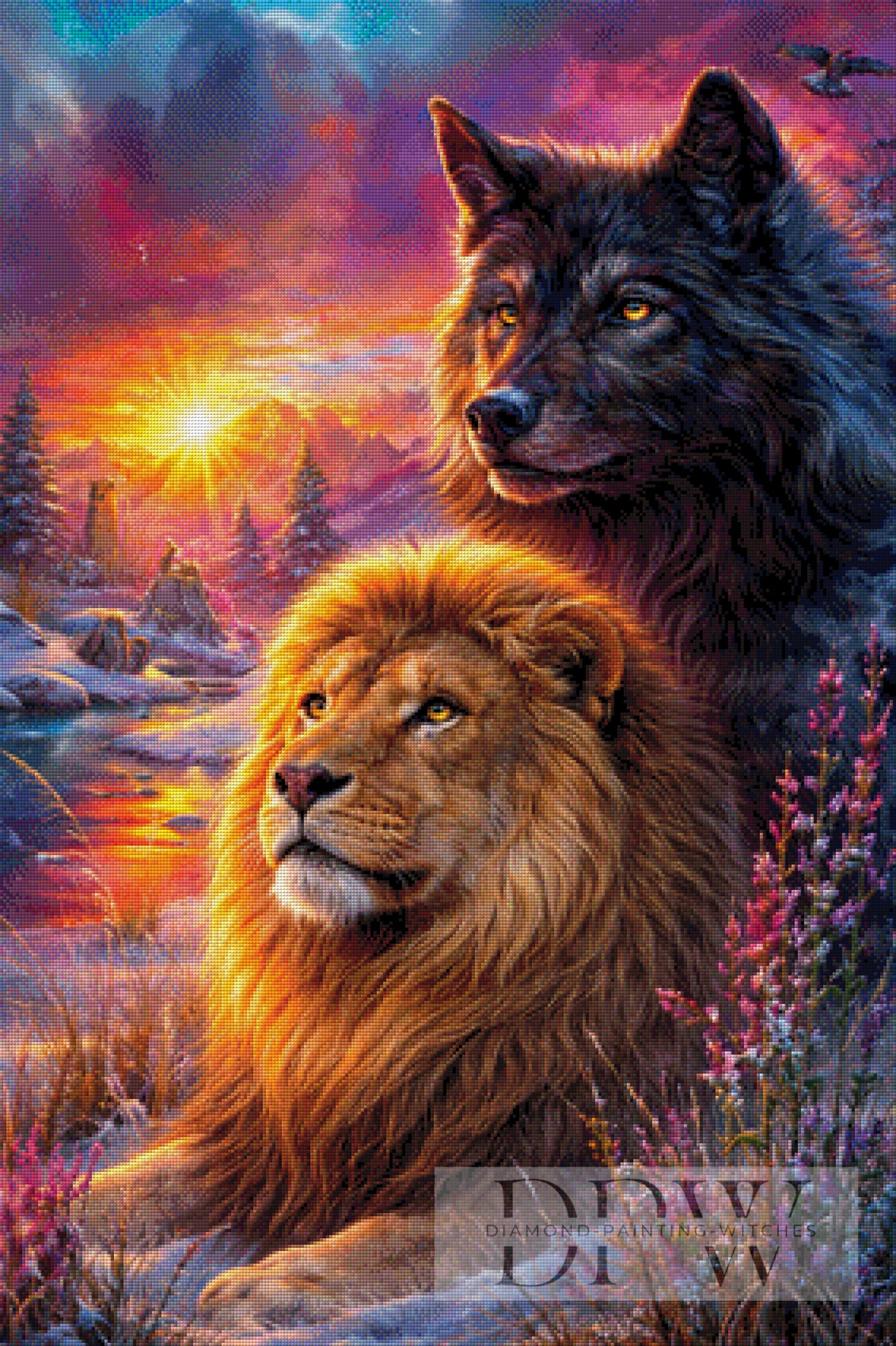 Löwe und Wolf im Sonnenuntergang by Casalla Vendetta 70x105cm mit 270 Farben DPW-6439