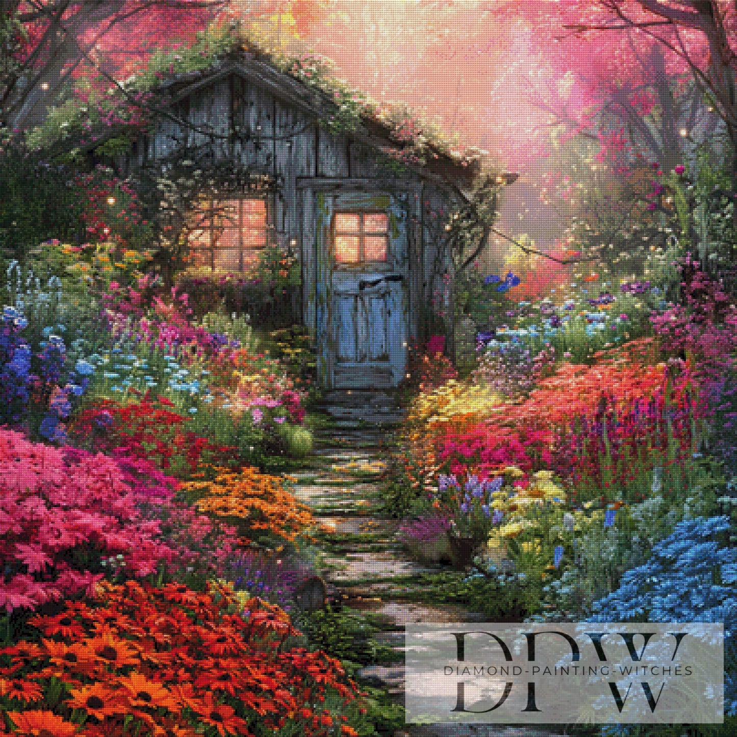 Hütte im Blumenparadies by ellufija 100x100cm mit 380 Farben DPW-6596