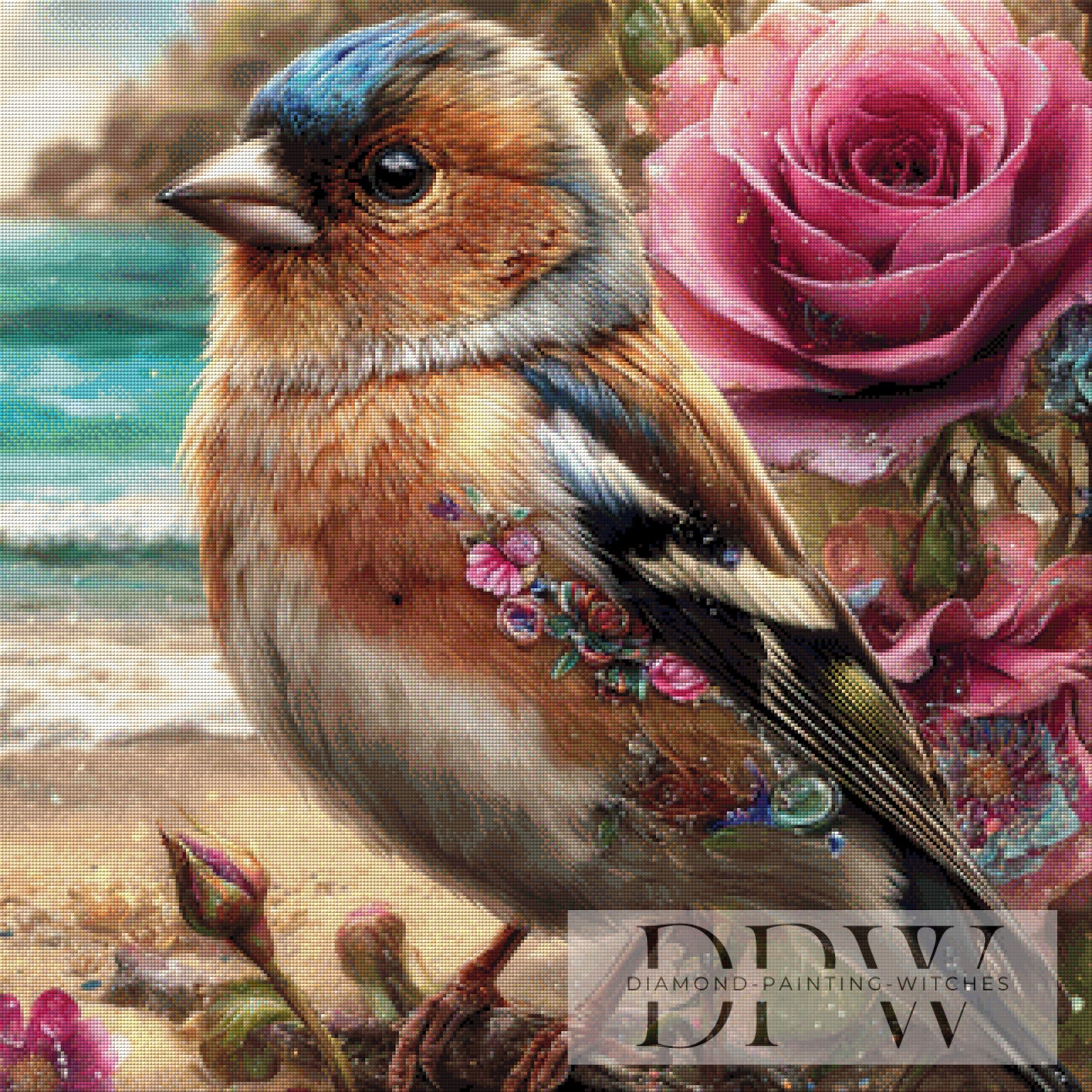 Verzauberter Buchfink am Perlenstrand by Lisa Morgan 80x80cm mit 270 Farben DPW-905