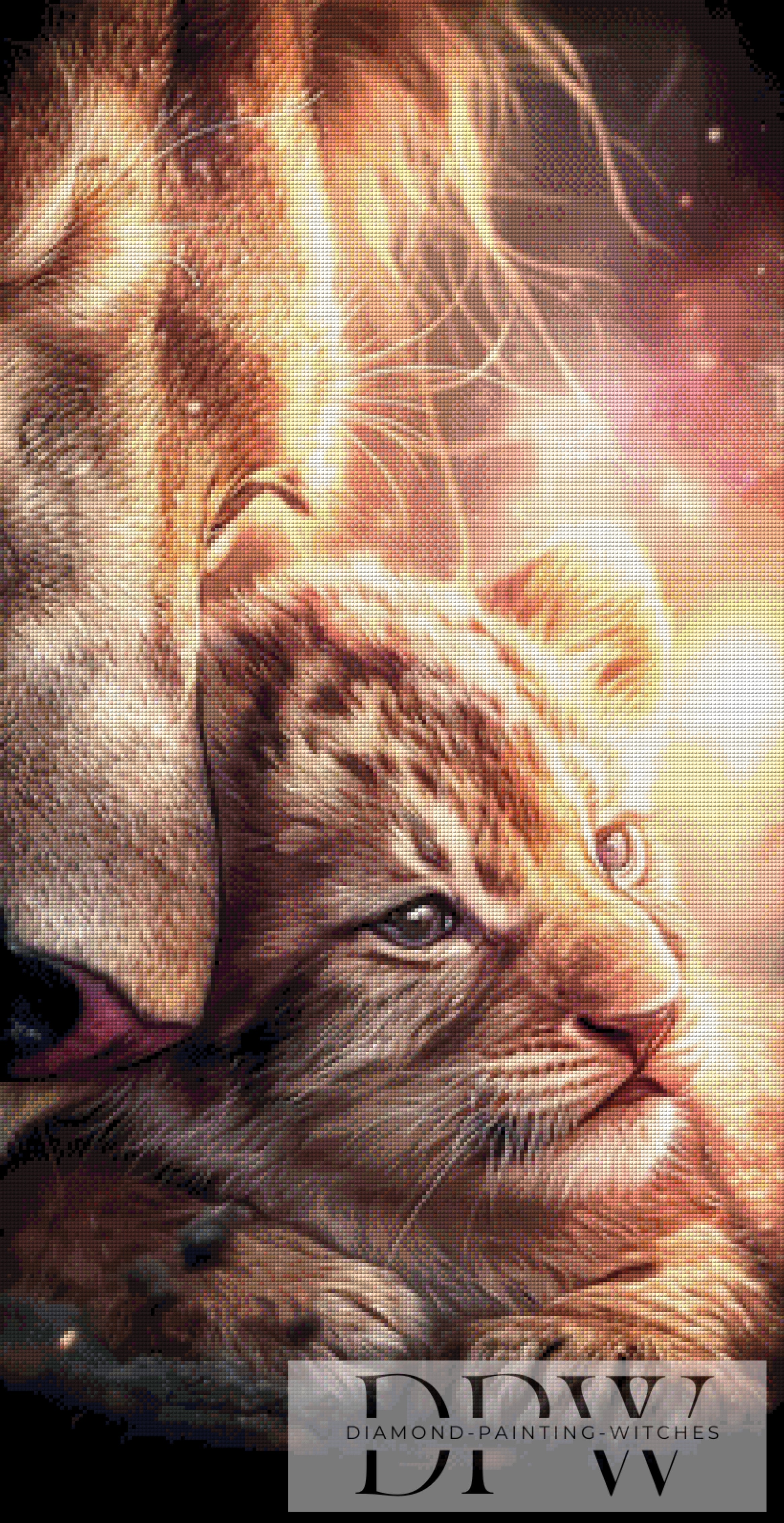 Limited Edition 24 Dreiteiler Lion Family by ellufija 141,5x100cm 100-150 Farben **ECKIGE STEINE**
