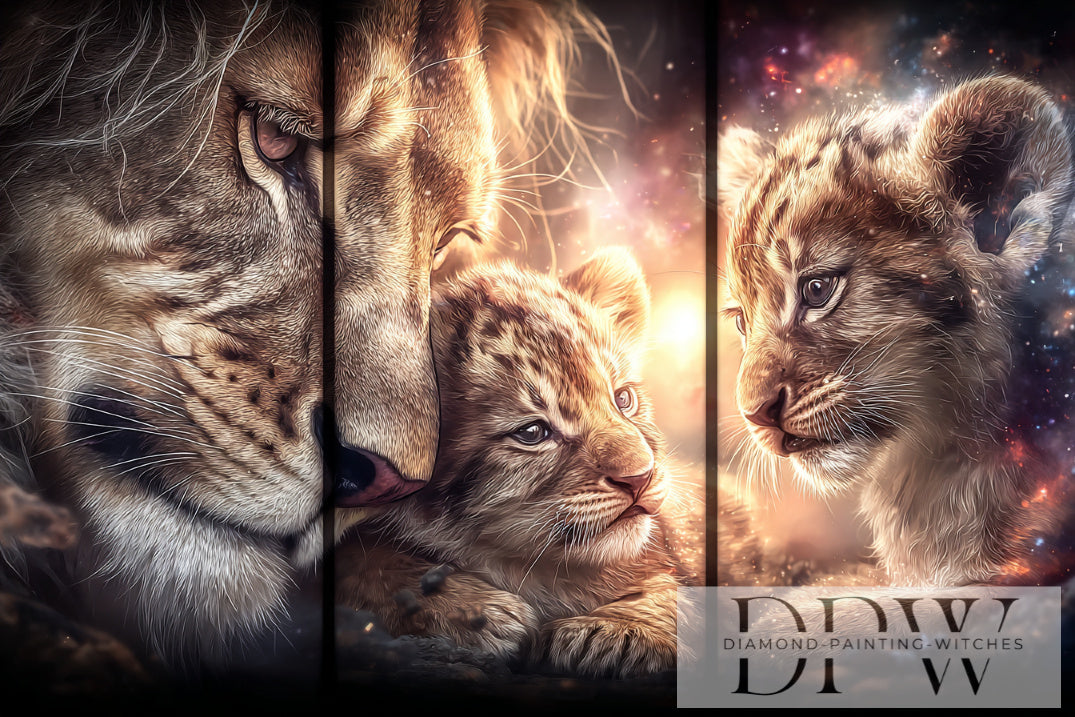 Limited Edition 24 Dreiteiler Lion Family by ellufija 141,5x100cm 100-150 Farben **ECKIGE STEINE**