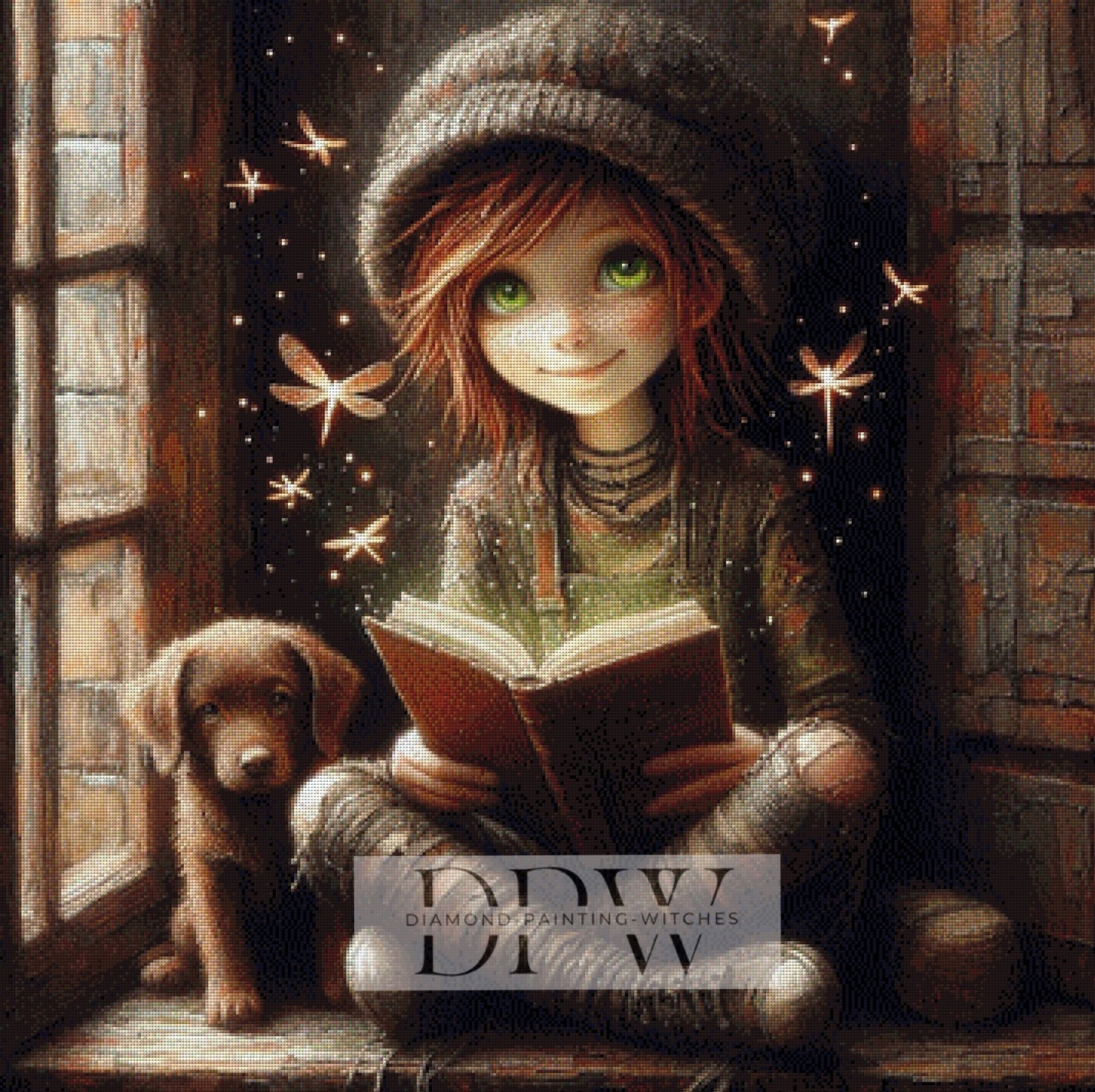 Mädchen mit Zauberbuch und Hund by Casalla Vendetta, 90x90cm mit 140 Farben DPW-501