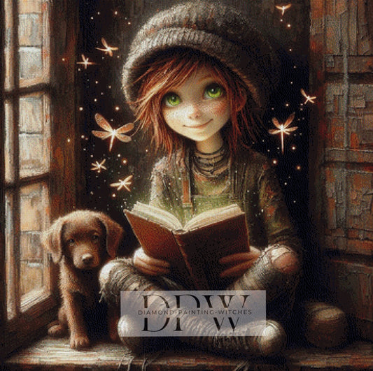 Mädchen mit Zauberbuch und Hund by Casalla Vendetta, 90x90cm mit 140 Farben DPW-501